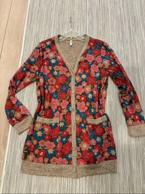 Women’s Floral Long Cardigan in Red, Teal & Brown